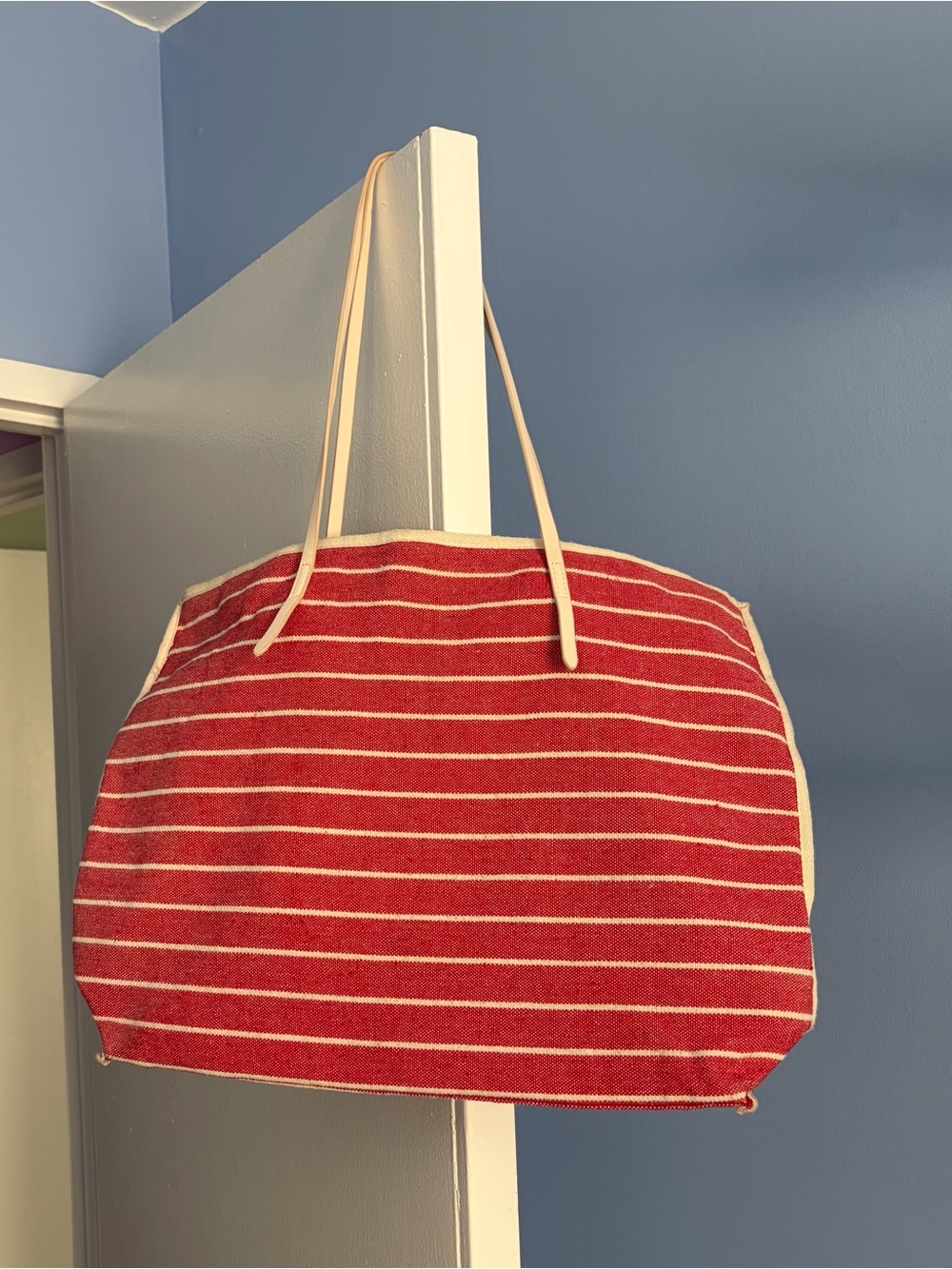 Lancome Red and Cream Striped Canvas Tote